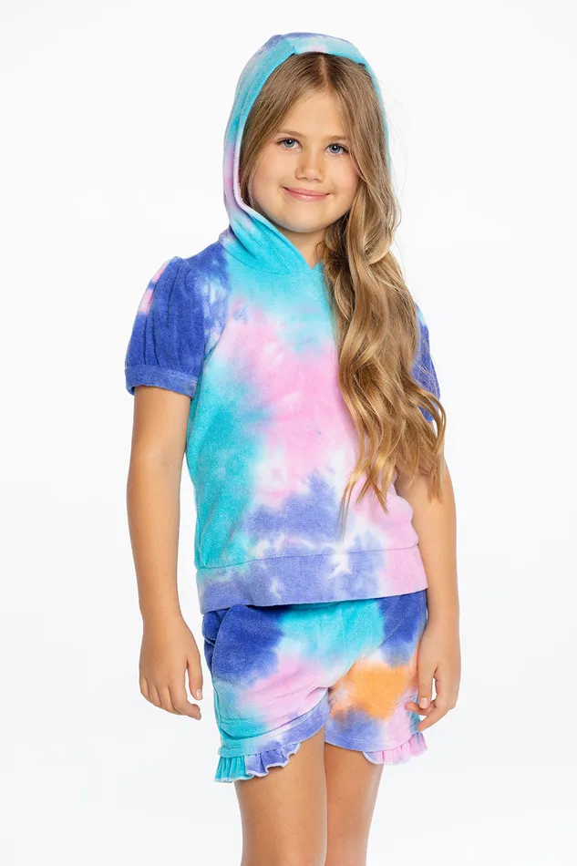 Girls Chaser Brand Terry Cloth Hooded Puff Sleeve Pullover Tops