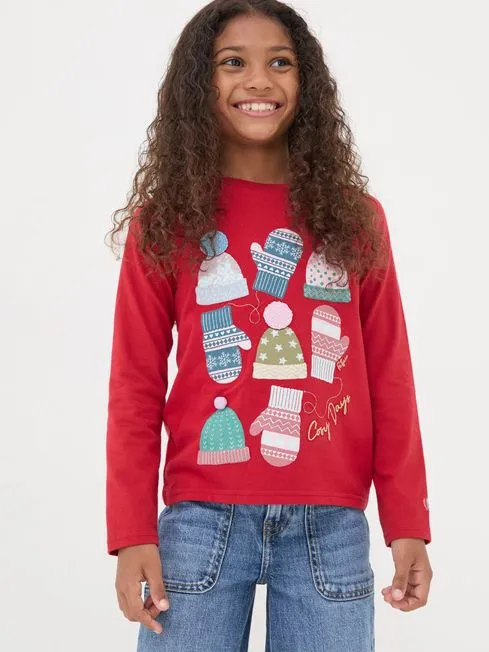 Girls Fatface Tops and TShirts Red Festive TShirt Girls Fatface Tops and TShirts Red Festive TShirt