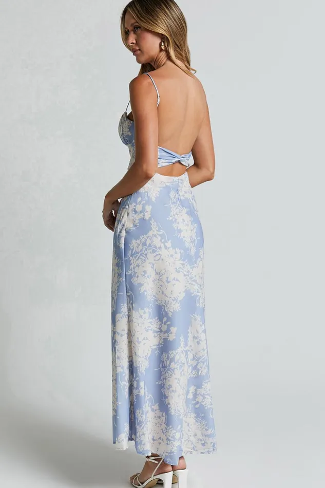 Giselli Midi Dress 8211 Adjustable Strap Ruched Bust Dress In Blue Print Women Showpo Dresses