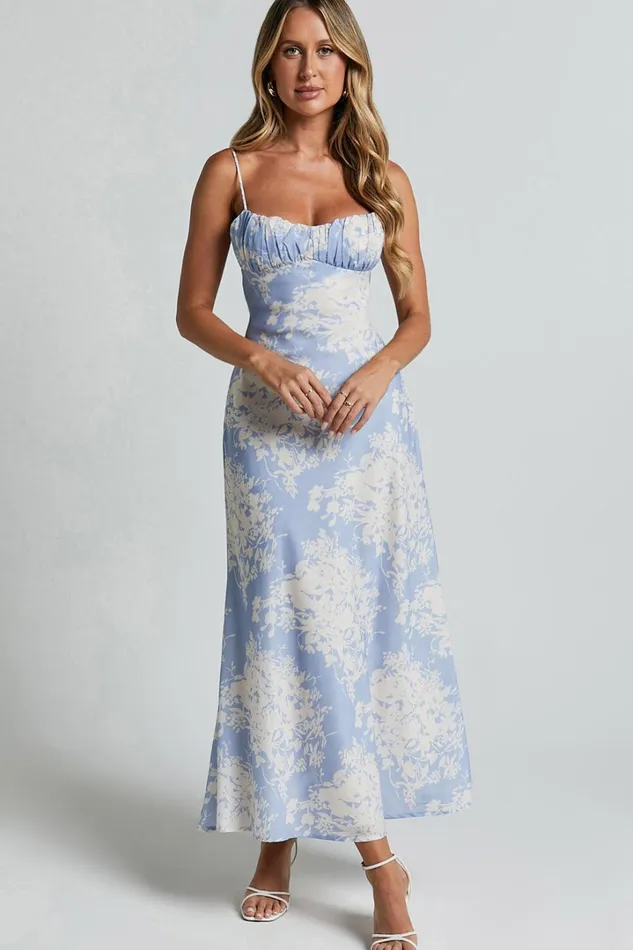 Giselli Midi Dress 8211 Adjustable Strap Ruched Bust Dress In Blue Print Women Showpo Dresses