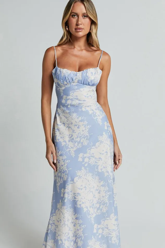 Giselli Midi Dress 8211 Adjustable Strap Ruched Bust Dress In Blue Print Women Showpo Dresses