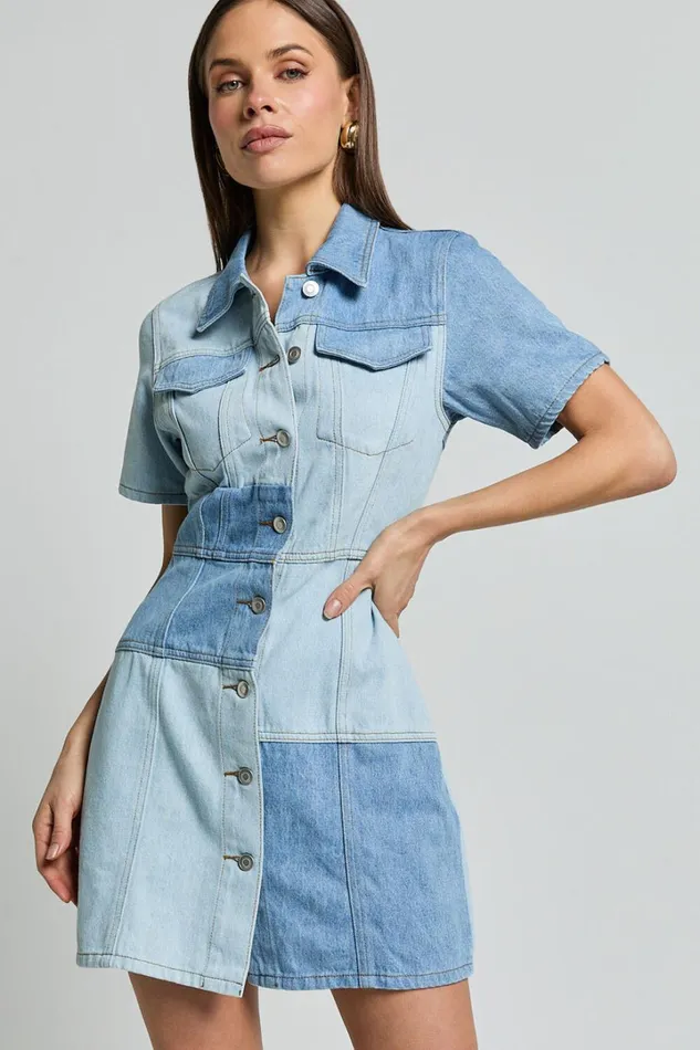 Gladys Mini Dress 8211 Short Sleeve Patchwork Denim Dress In Multi Women Showpo Denim