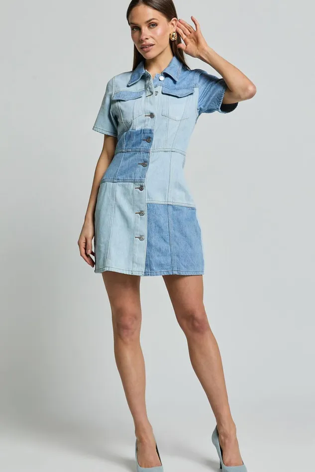 Gladys Mini Dress 8211 Short Sleeve Patchwork Denim Dress In Multi Women Showpo Denim