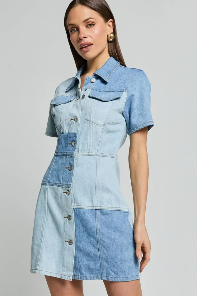 Gladys Mini Dress 8211 Short Sleeve Patchwork Denim Dress In Multi Women Showpo Denim