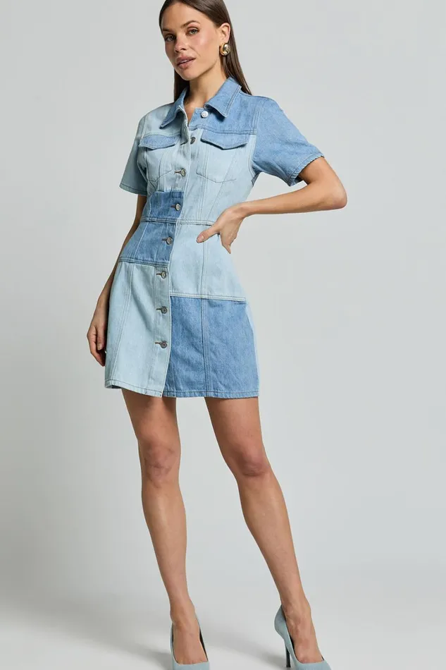 Gladys Mini Dress 8211 Short Sleeve Patchwork Denim Dress In Multi Women Showpo Denim