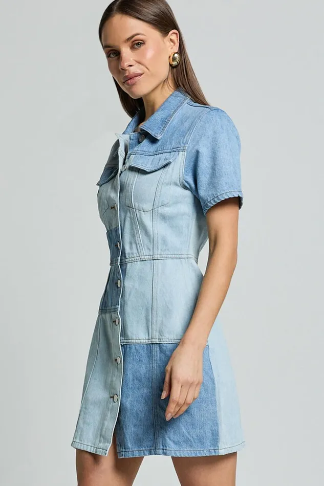 Gladys Mini Dress 8211 Short Sleeve Patchwork Denim Dress In Multi Women Showpo Denim