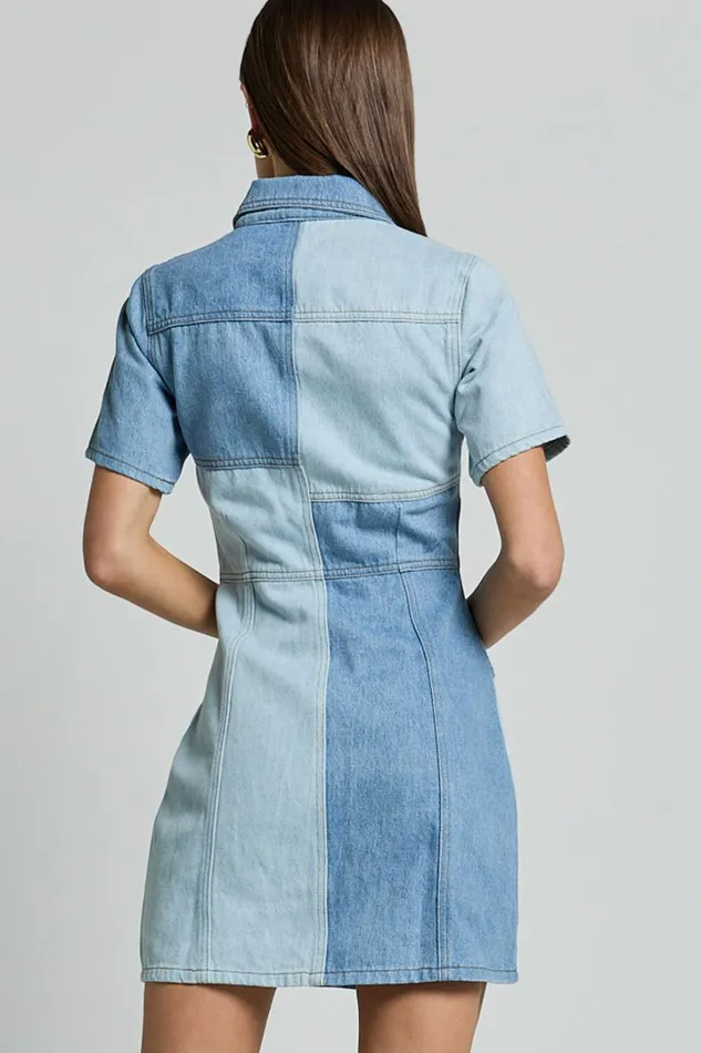 Gladys Mini Dress 8211 Short Sleeve Patchwork Denim Dress In Multi Women Showpo Denim