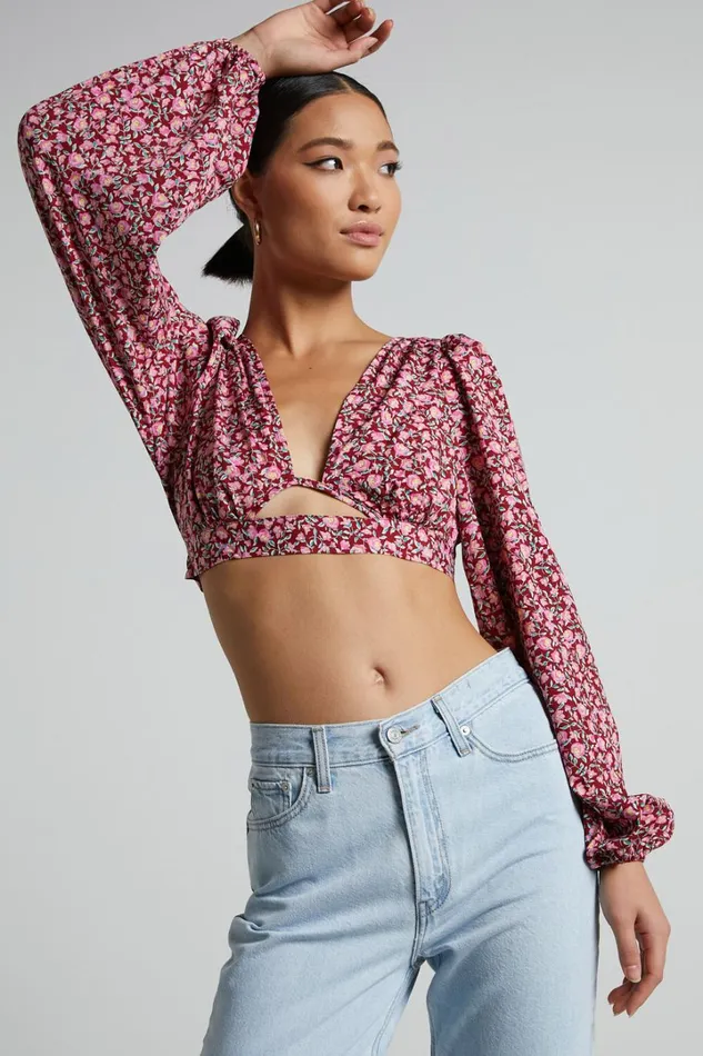 Glenda Blouse 8211 Puff Sleeve Cut Out Open Back Blouse In Red Floral Women Showpo Curve Clothes