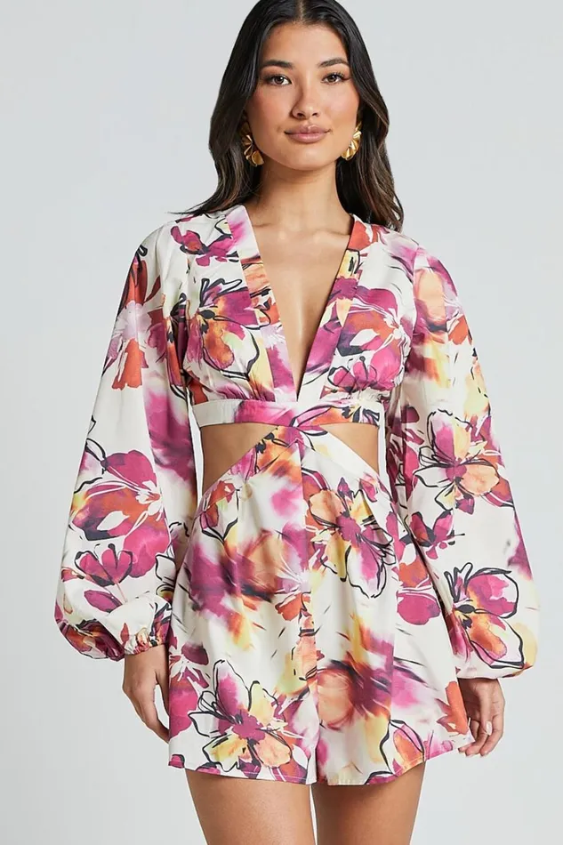 Gwyneth Playsuit 8211 Long Sleeve Cut Out Playsuit In DAHLIA DUSK FLORAL Women Showpo Rompers