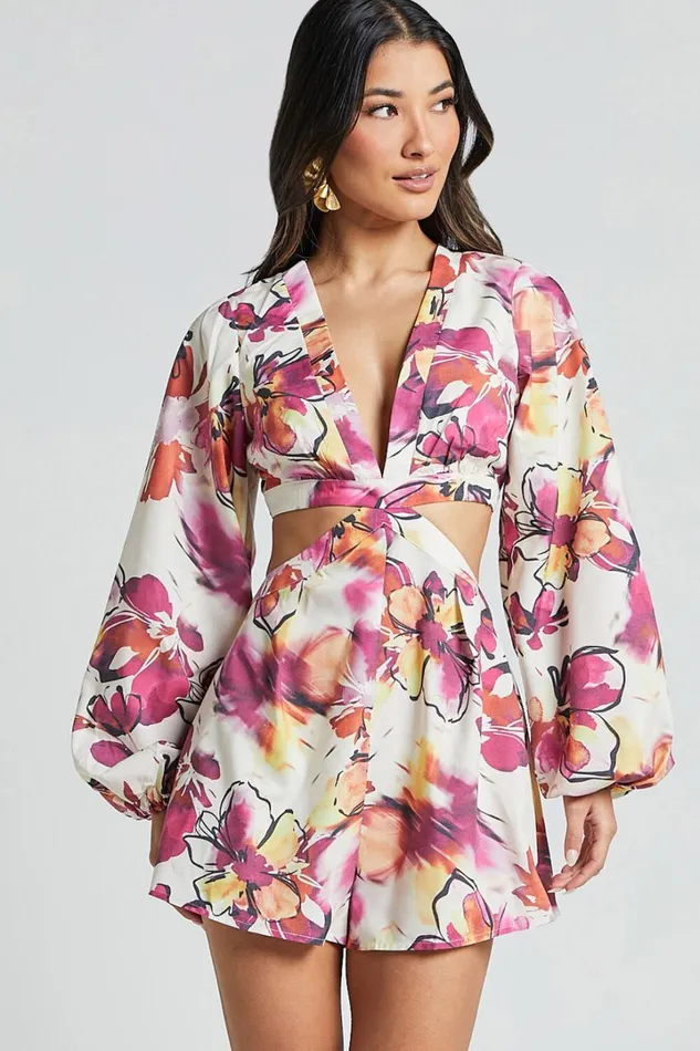 Gwyneth Playsuit 8211 Long Sleeve Cut Out Playsuit In DAHLIA DUSK FLORAL Women Showpo Rompers