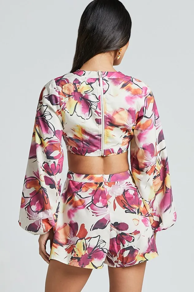 Gwyneth Playsuit 8211 Long Sleeve Cut Out Playsuit In DAHLIA DUSK FLORAL Women Showpo Rompers