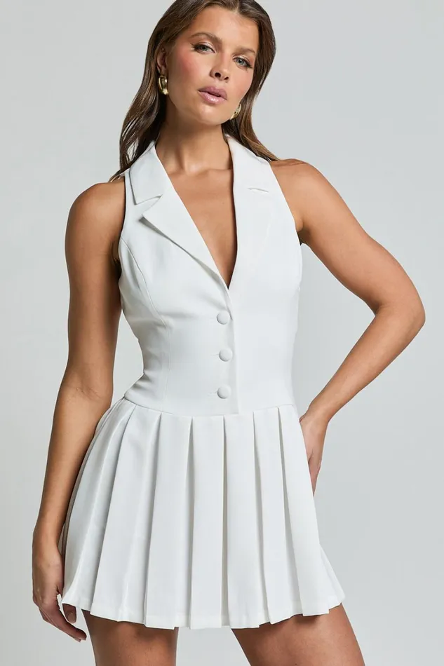 Hannah Mini Dress 8211 Tailored Button Down Pleated Mini Dress In White Women Showpo Dresses Hannah Mini Dress 8211 Tailored Button Down Pleated Mini Dress In White Women Showpo Dresses