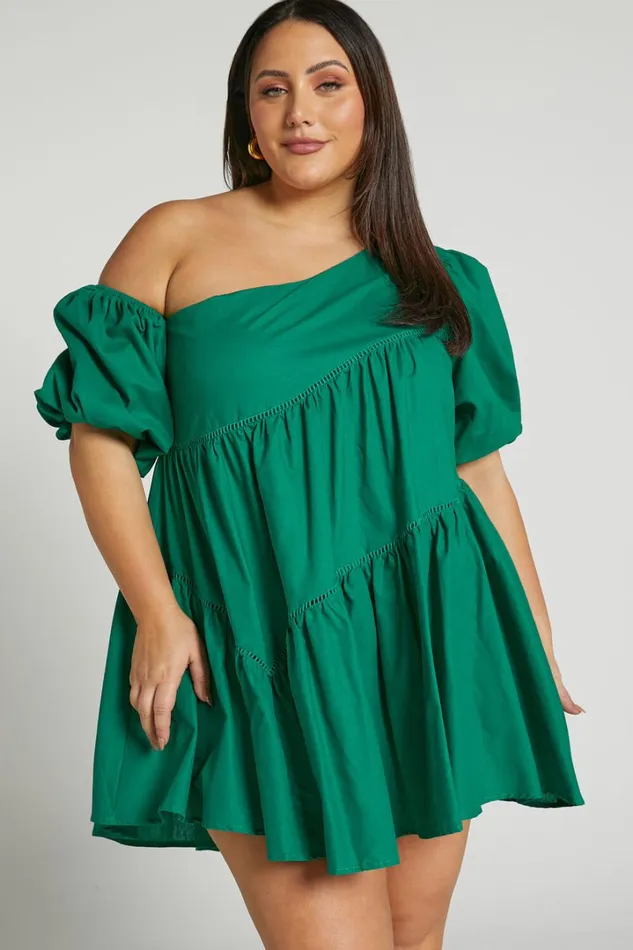 Harleen Mini Dress 8211 Linen Look Asymmetrical Trim Puff Sleeve Dress In Green Women Showpo Conscious