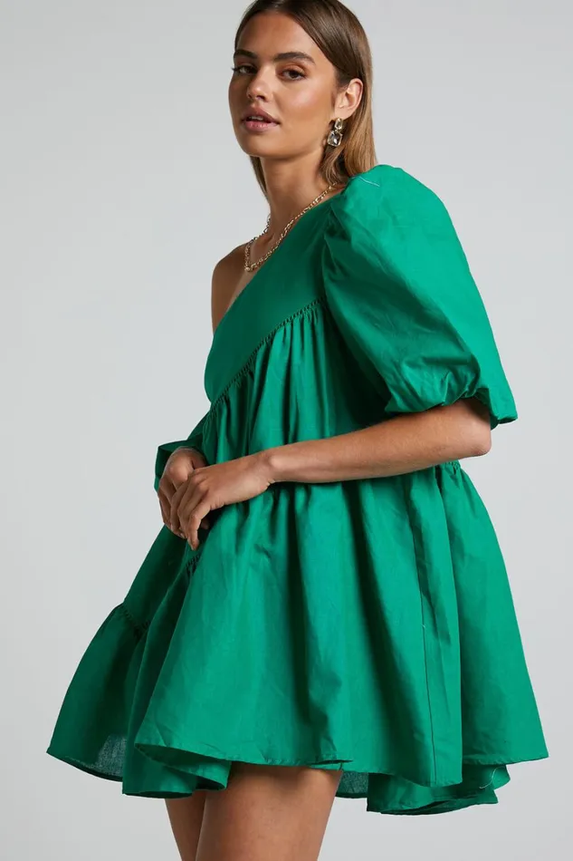 Harleen Mini Dress 8211 Linen Look Asymmetrical Trim Puff Sleeve Dress In Green Women Showpo Conscious