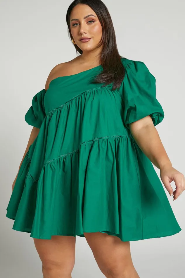 Harleen Mini Dress 8211 Linen Look Asymmetrical Trim Puff Sleeve Dress In Green Women Showpo Conscious