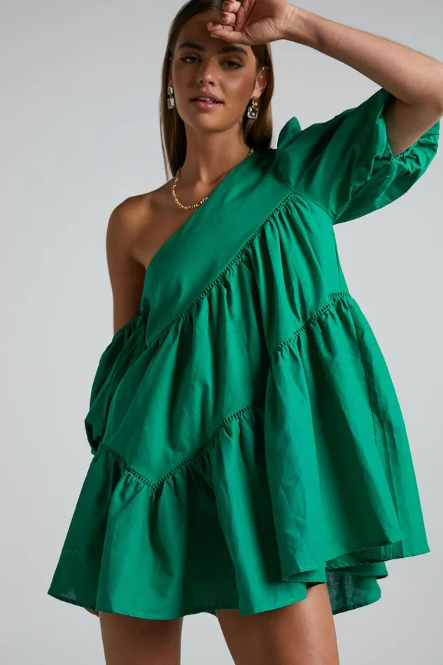 Harleen Mini Dress 8211 Linen Look Asymmetrical Trim Puff Sleeve Dress In Green Women Showpo Conscious