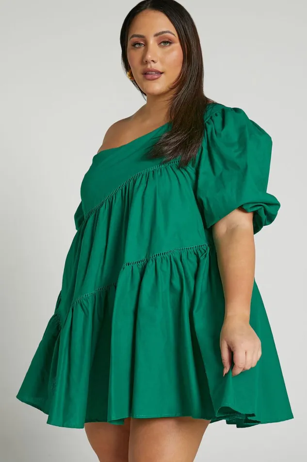 Harleen Mini Dress 8211 Linen Look Asymmetrical Trim Puff Sleeve Dress In Green Women Showpo Conscious