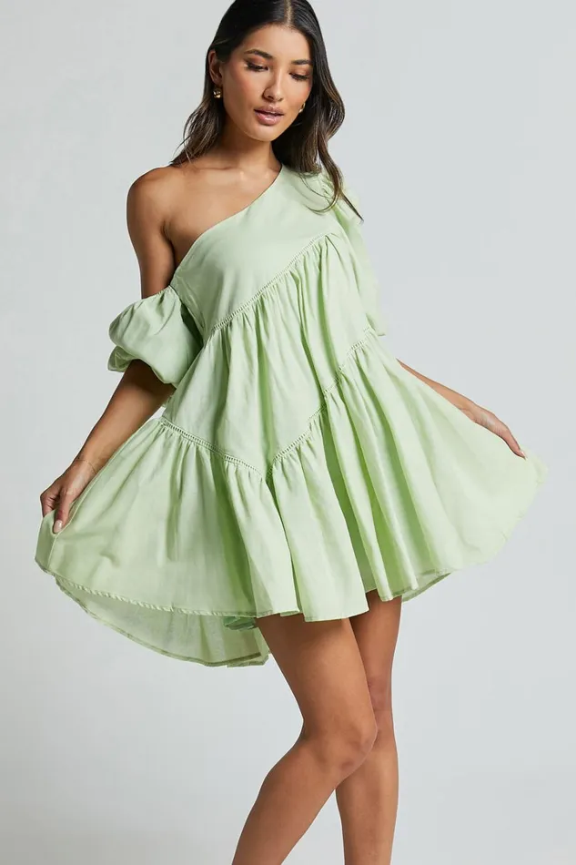 Harleen Mini Dress 8211 Linen Look Asymmetrical Trim Puff Sleeve Dress In Sage Women Showpo Conscious