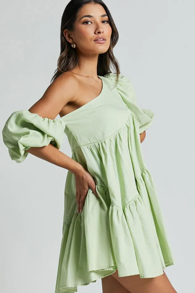 Harleen Mini Dress 8211 Linen Look Asymmetrical Trim Puff Sleeve Dress In Sage Women Showpo Conscious