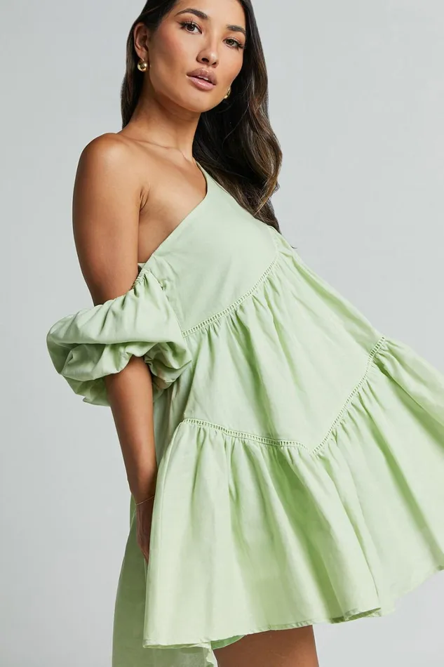 Harleen Mini Dress 8211 Linen Look Asymmetrical Trim Puff Sleeve Dress In Sage Women Showpo Conscious