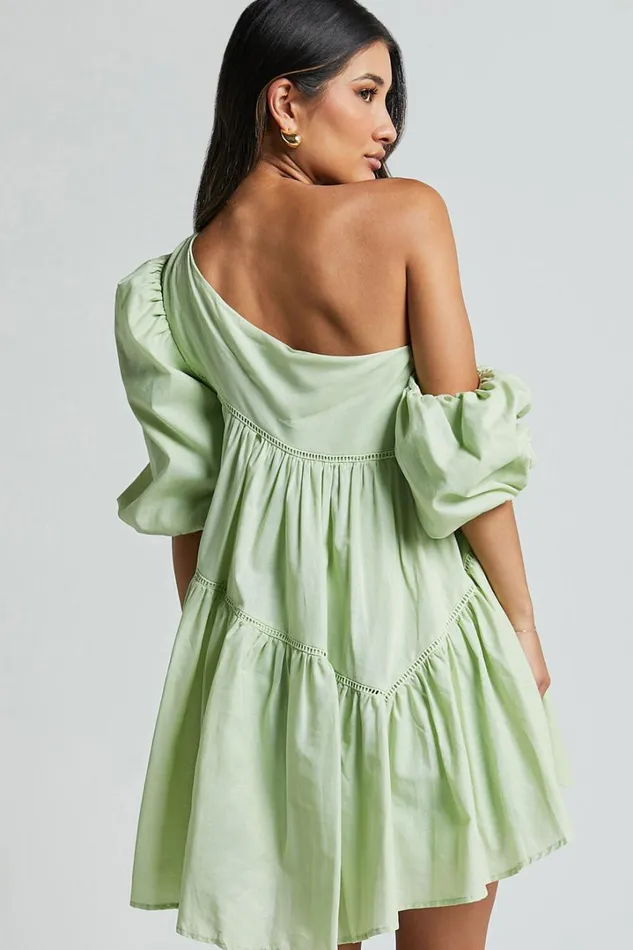 Harleen Mini Dress 8211 Linen Look Asymmetrical Trim Puff Sleeve Dress In Sage Women Showpo Conscious