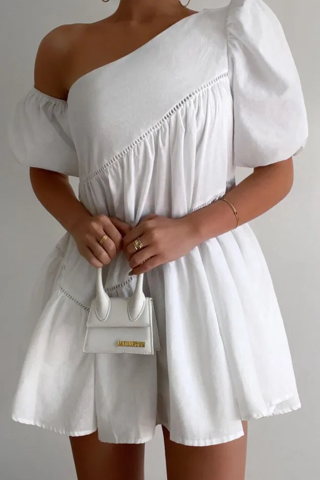 Harleen Mini Dress 8211 Linen Look Asymmetrical Trim Puff Sleeve Dress In White Women Showpo Curve Clothes