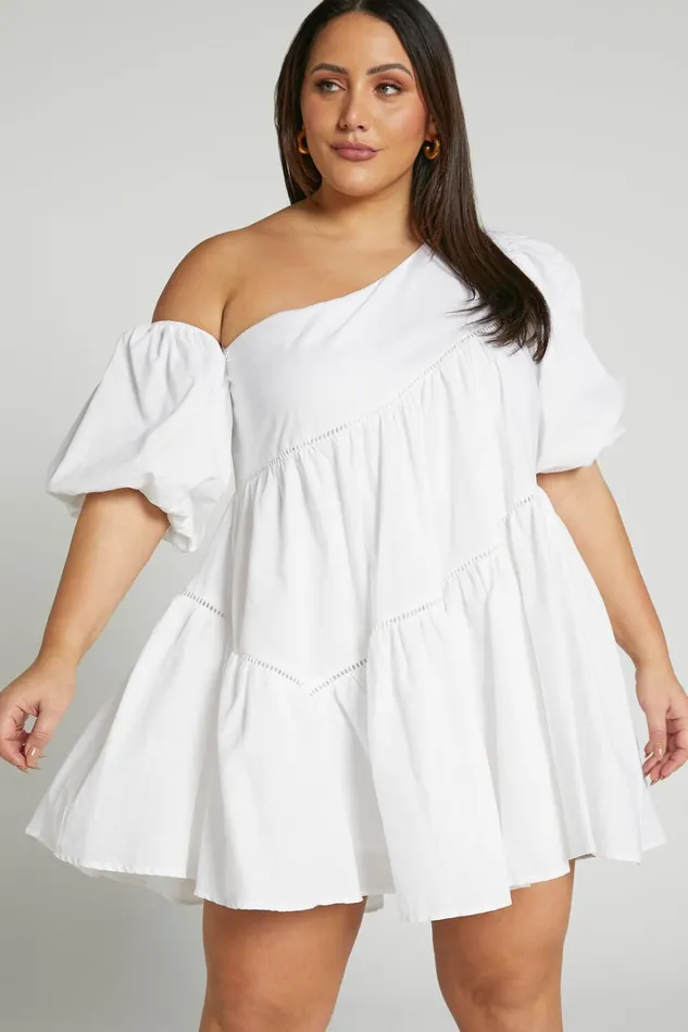 Harleen Mini Dress 8211 Linen Look Asymmetrical Trim Puff Sleeve Dress In White Women Showpo Curve Clothes