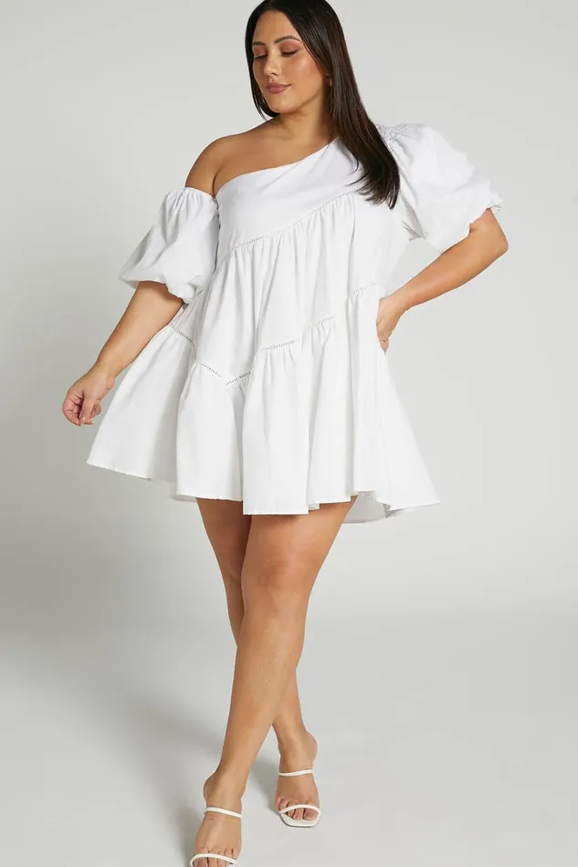 Harleen Mini Dress 8211 Linen Look Asymmetrical Trim Puff Sleeve Dress In White Women Showpo Curve Clothes
