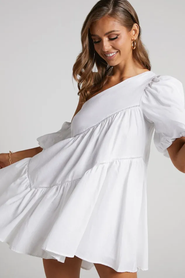 Harleen Mini Dress 8211 Linen Look Asymmetrical Trim Puff Sleeve Dress In White Women Showpo Curve Clothes