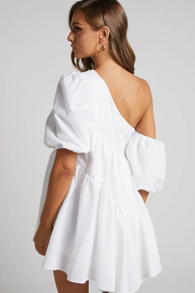 Harleen Mini Dress 8211 Linen Look Asymmetrical Trim Puff Sleeve Dress In White Women Showpo Curve Clothes