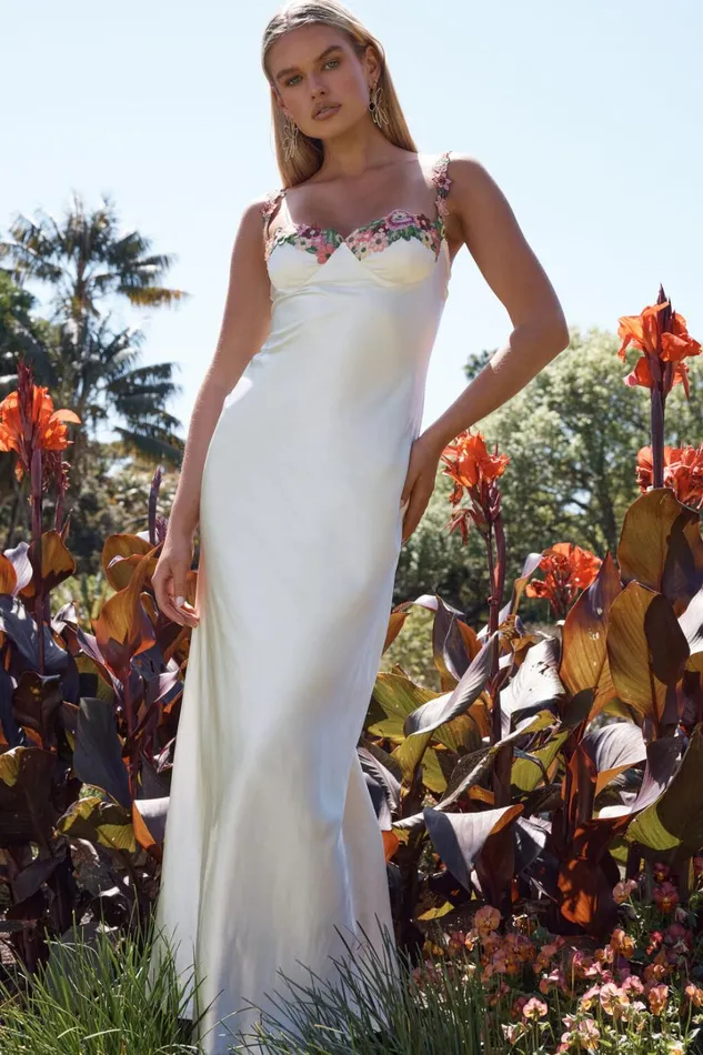 Harmony Midi Dress 8211 Floral Detail Cup Bust Satin Dress In White Women Showpo Dresses
