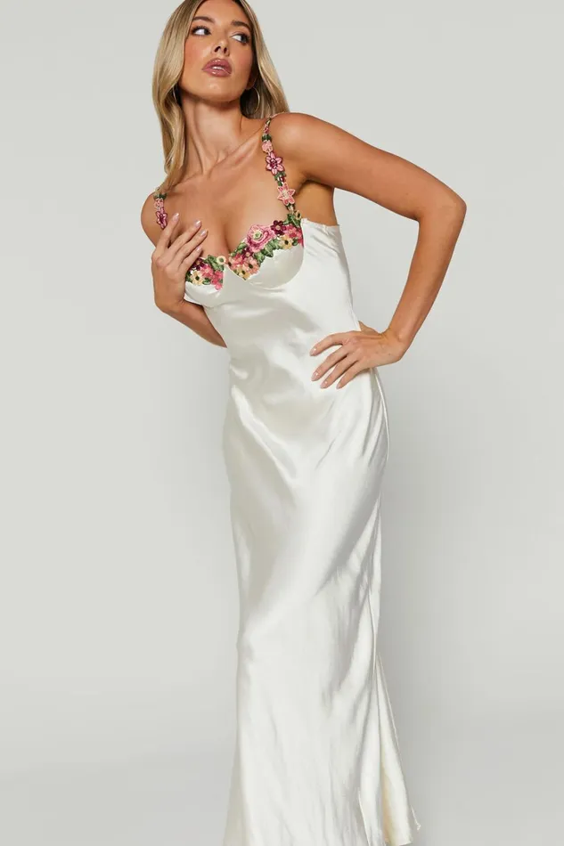 Harmony Midi Dress 8211 Floral Detail Cup Bust Satin Dress In White Women Showpo Dresses