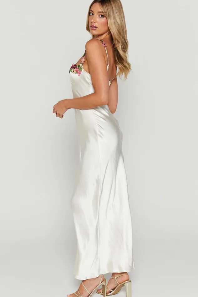 Harmony Midi Dress 8211 Floral Detail Cup Bust Satin Dress In White Women Showpo Dresses