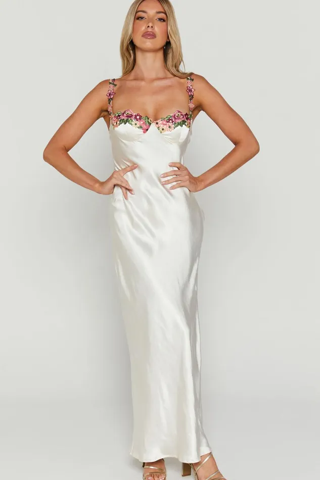 Harmony Midi Dress 8211 Floral Detail Cup Bust Satin Dress In White Women Showpo Dresses