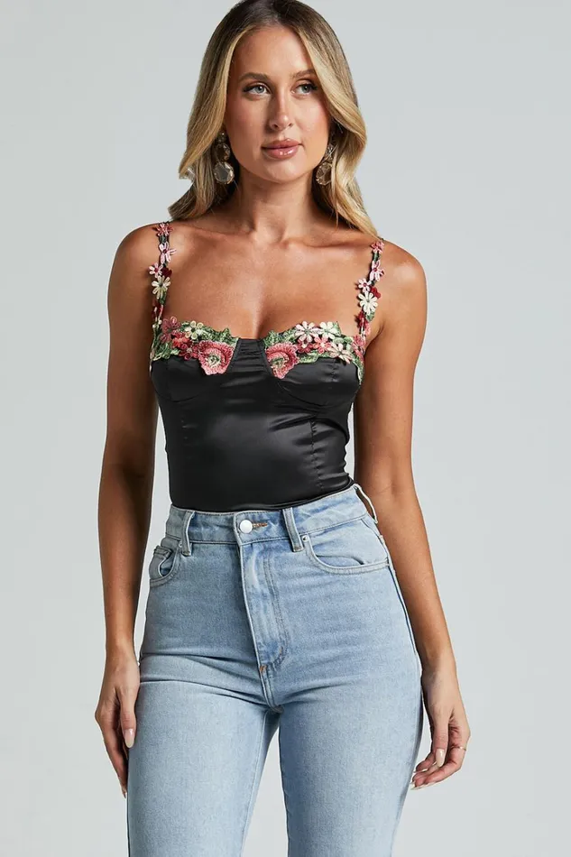 Harmony Top 8211 Floral Detail Cup Bust Satin Crop Top In Black Women Showpo Tops