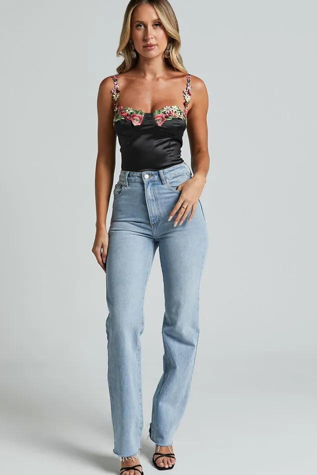 Harmony Top 8211 Floral Detail Cup Bust Satin Crop Top In Black Women Showpo Tops