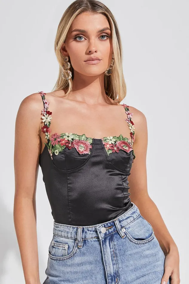 Harmony Top 8211 Floral Detail Cup Bust Satin Crop Top In Black Women Showpo Tops