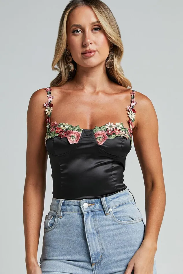 Harmony Top 8211 Floral Detail Cup Bust Satin Crop Top In Black Women Showpo Tops