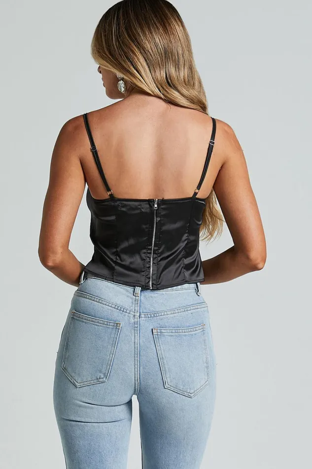 Harmony Top 8211 Floral Detail Cup Bust Satin Crop Top In Black Women Showpo Tops