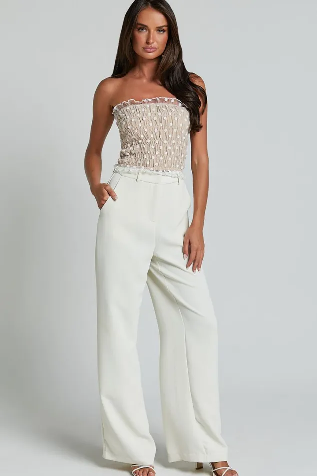 Harper Top 8211 Frill Shirred Bandeau Crop Top In WhiteNude Women Showpo Tops