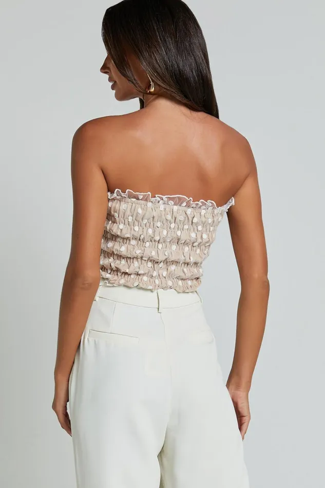 Harper Top 8211 Frill Shirred Bandeau Crop Top In WhiteNude Women Showpo Tops