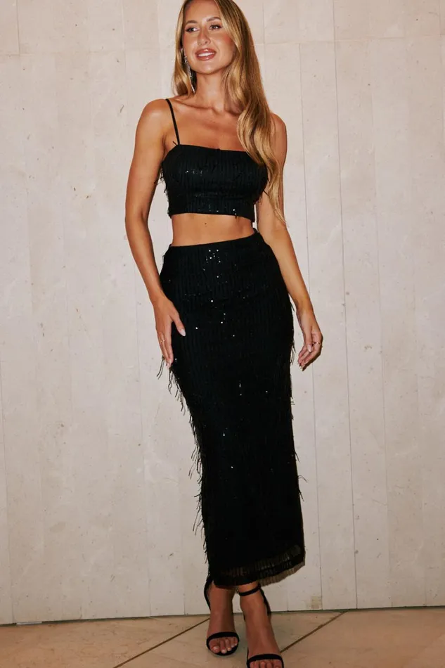 Harue Midi Skirt 8211 High Waisted Tassel Sequin Slip Skirt In Black Women Showpo Skirts