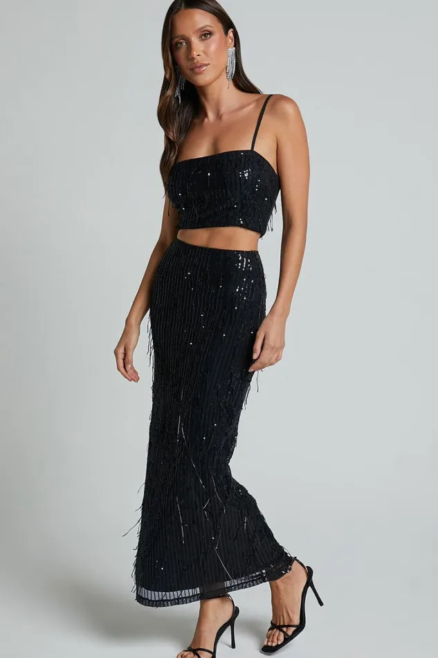 Harue Midi Skirt 8211 High Waisted Tassel Sequin Slip Skirt In Black Women Showpo Skirts