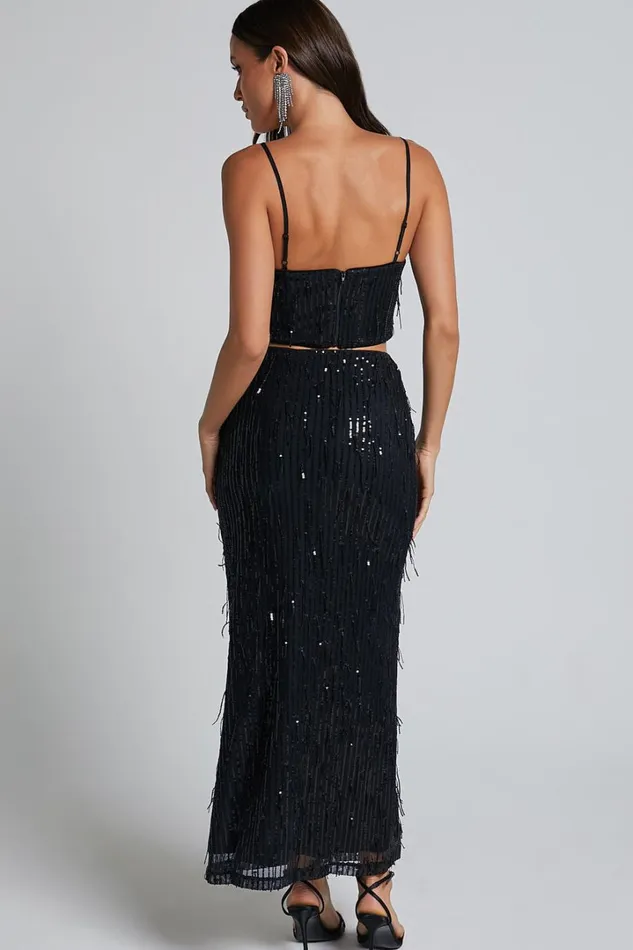 Harue Midi Skirt 8211 High Waisted Tassel Sequin Slip Skirt In Black Women Showpo Skirts