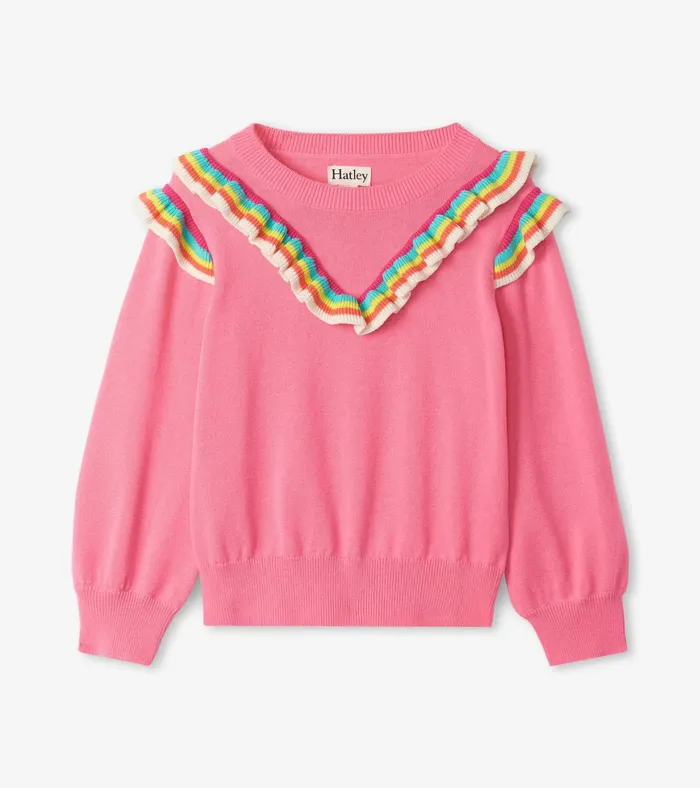 Hatley Girls Pink Rainbow Ruffle Sweater Girls Sweaters