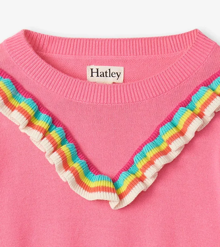 Hatley Girls Pink Rainbow Ruffle Sweater Girls Sweaters
