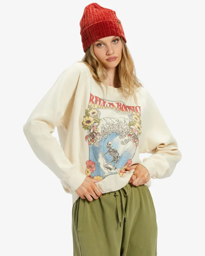 Here We Go Graphic Crewneck Sweatshirt White Cap Women Billabong Sweatshirts and Fleece