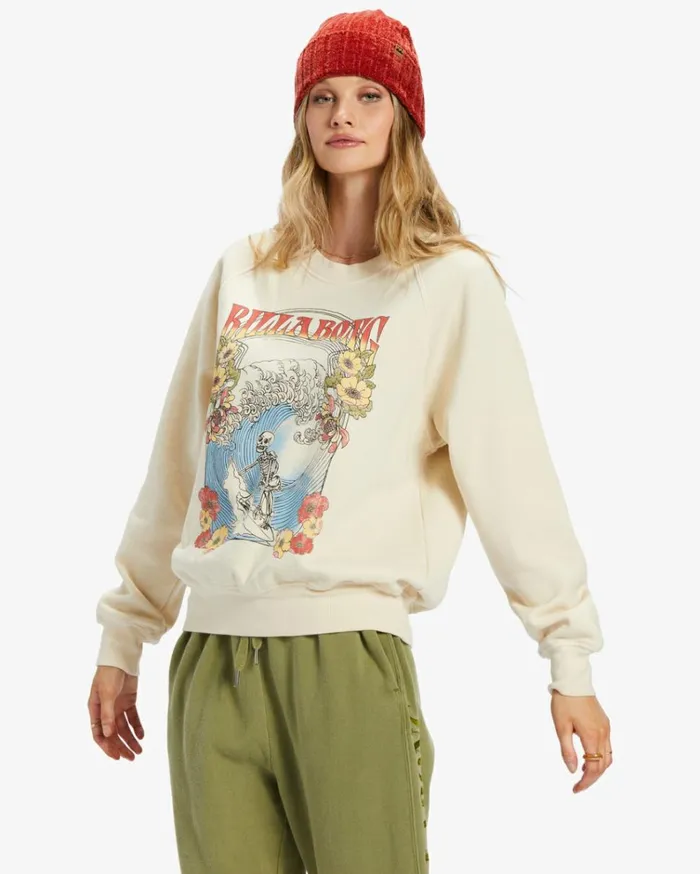 Here We Go Graphic Crewneck Sweatshirt White Cap Women Billabong Sweatshirts and Fleece