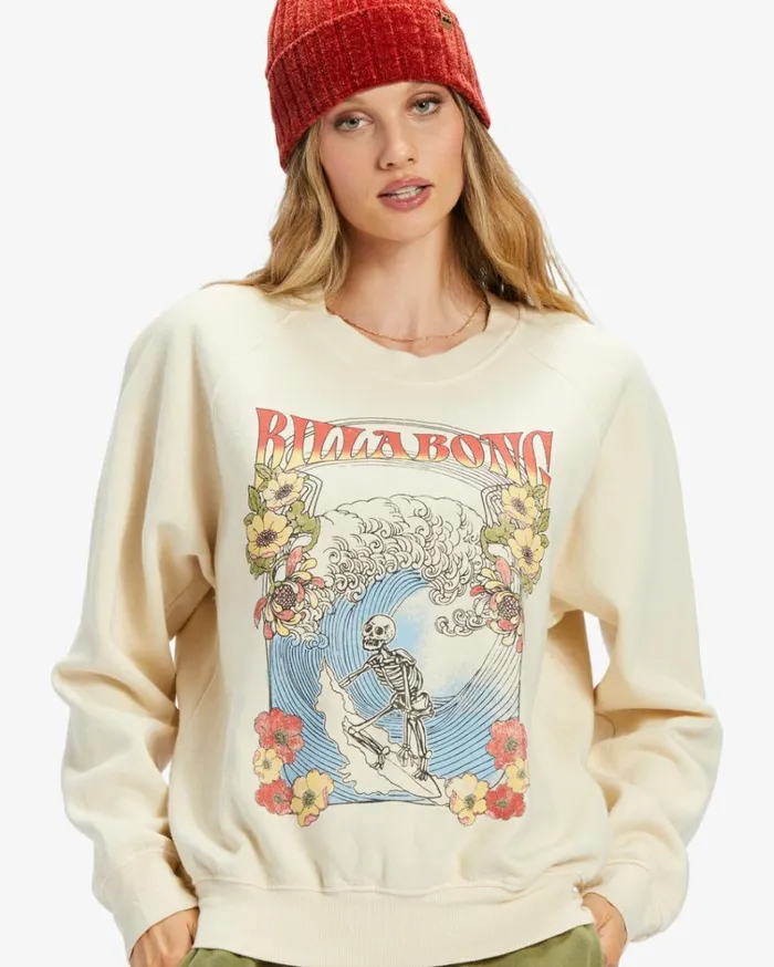 Here We Go Graphic Crewneck Sweatshirt White Cap Women Billabong Sweatshirts and Fleece