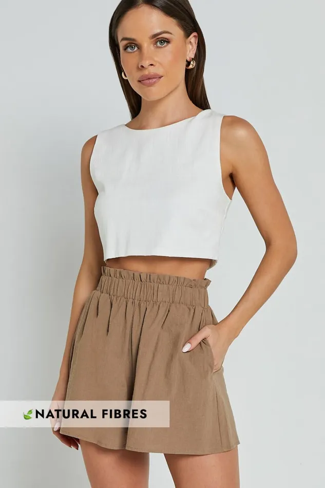 Hiromi Shorts 8211 High Waisted Linen Look ALine Shorts In Biscuit Women Showpo Shorts
